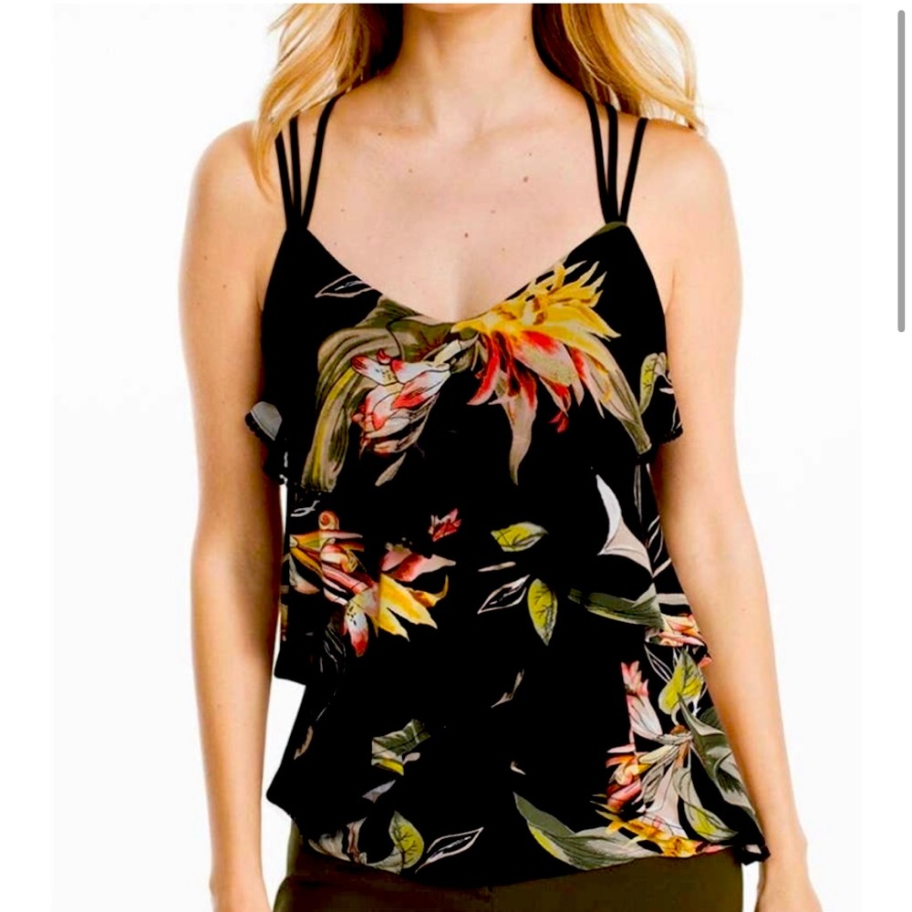 WHBM Black Tiered Floral Print Tank Top. Large.
